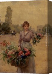 Marie Canvas Paintings - A Flower Seller Near The Arc De Triomphe by Louis Marie de Schryver