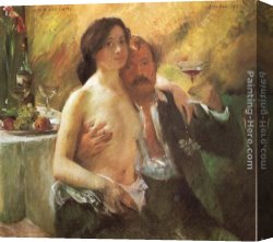 Wife Canvas Paintings - Self portrait with his Wife and a Glass of Champagne by Lovis Corinth