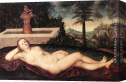 Nymph And Triton Canvas Paintings - Reclining River Nymph at the Fountain by Lucas Cranach the Elder