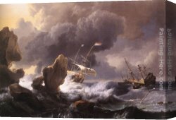 Rocky Canvas Paintings - Ships in Distress off a Rocky Coast by Ludolf Backhuysen