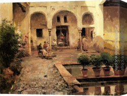 Figure Canvas Paintings - Figures in a Spanish Courtyard by Manuel Garcia y Rodriguez