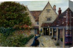 Feeding The Goldfish Canvas Paintings - Feeding The Doves At Kelmscott Manor, Oxfordshire by Maria Spartali Stillman