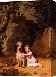 Portrait of a Girl Wearing a Pearl Necklace Canvas Paintings - Portrait Of A Little Boy Placing A Coral Necklace On A Dog, Both Seated In A Parkland Setting by Martin Drolling