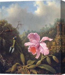 Marshal Ney on Horseback Fighting The Wind Canvas Paintings - Fighting Hummingbirds with Pink Orchid by Martin Johnson Heade