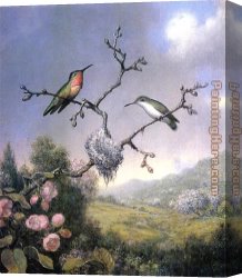 Hummingbird Canvas Paintings - Hummingbirds and Apple Blossoms by Martin Johnson Heade