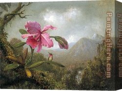 Hunter Mountain, Twilight Canvas Paintings - Orchid and Hummingbird near Mountain Waterfall by Martin Johnson Heade
