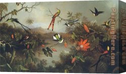 Hummingbird Canvas Paintings - Tropical Landscape with Ten Hummingbirds 1870 by Martin Johnson Heade