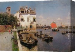 Basilica Di San Marco Canvas Paintings - Venetian Fisherman with a Distant View of San Marco, Venice by Martin Rico y Ortega
