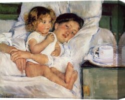 Cassatt Canvas Paintings - Breakfast in Bed by Mary Cassatt