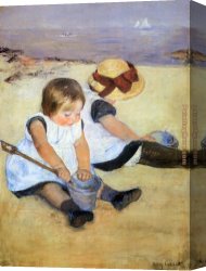 Girls Playing in Surf Canvas Paintings - Children Playing On The Beach by Mary Cassatt