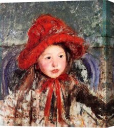Cassatt Canvas Paintings - Little Girl In A Large Red Hat by Mary Cassatt