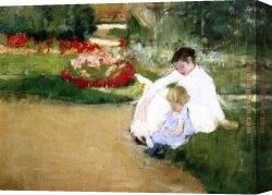 Seated Canvas Paintings - Woman And Child Seated In A Garden by Mary Cassatt