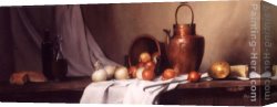 Still Life of Marigolds in a Westerwald Jug Canvas Paintings - Still Life with Bread, Onions and Brass Water Jug by Maureen Hyde