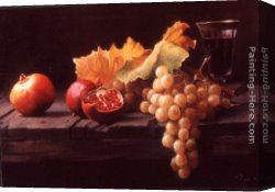 A Still Life with Flowers Grapes And a Melon Canvas Paintings - Still Life with Grapes and Pomegranates by Maureen Hyde