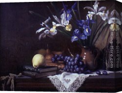 A Still Life with Flowers Grapes And a Melon Canvas Paintings - Still Life with Irises and Grapes by Maureen Hyde