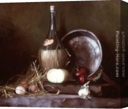 Wine Canvas Paintings - Still Life with Wine Flask, Eggs and Cheese by Maureen Hyde
