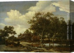 Landscape with Stream And Mountains Canvas Paintings - A wooded landscape with a figure crossing a bridge over a stream by Meindert Hobbema