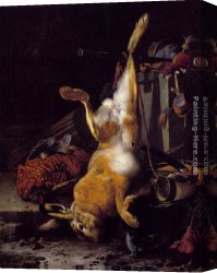 Dead Game Canvas Paintings - A Still Life Of Dead Game And Hunting Equipment by Melchior de Hondecoeter