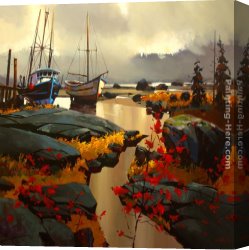 Boats Canvas Paintings - Two Boats at Skidegate by Michael O'Toole