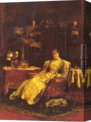 Seated Canvas Paintings - A lady seated in an Elegant Interior by Mihaly Munkacsy