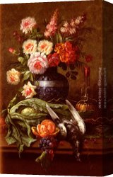 La Nature Se Devoilant Devant La Science Canvas Paintings - Nature Morte Aux Fleurs Et A L'Orange by Modeste Carlier