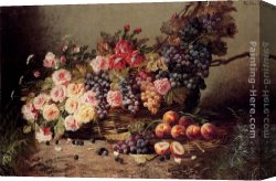 A Still Life with Flowers Grapes And a Melon Canvas Paintings - Still Life Of Roses, Peaches And Grapes In A Basket by Modeste Carlier