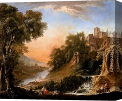 Waterfall Canvas Paintings - Figures Resting On The Banks Of A River, A Waterfall In The Foreground by Nicolas-Jacques Juliard