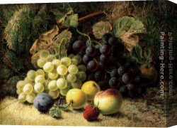 Oliver Canvas Paintings - Grapes, Apples, A Plum, A Peach And A Strawberry, On A Mossy Bank by Oliver Clare
