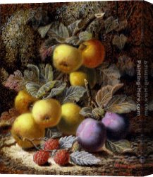 Oliver Canvas Paintings - Still Life with Apples, Plums and Raspberries on a Mossy Bank by Oliver Clare