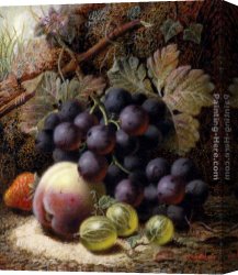 A Still Life with Flowers Grapes And a Melon Canvas Paintings - Still Life with Black Grapes, a Strawberry, a Peach and Gooseberries on a Mossy Bank by Oliver Clare