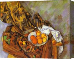 A Still Life with Flowers Grapes And a Melon Canvas Paintings - Still Life with Flower Curtain and Fruit by Paul Cezanne