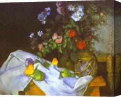 A Still Life with Flowers Grapes And a Melon Canvas Paintings - Still Life with Flowers and Fruit by Paul Cezanne
