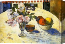 Gauguin Canvas Paintings - Flowers in a Fruit Bowl by Paul Gauguin