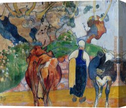 Peasants Canvas Paintings - Peasant Woman and Cows in a Landscape by Paul Gauguin