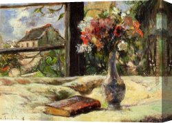 Gauguin Canvas Paintings - Vase of Flowers and Window by Paul Gauguin