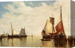 Harbour Canvas Paintings - Moored Ships In A Small Harbour by Paul-Jean Clays