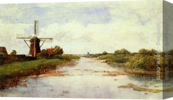 Windmill at Zaandam 2 Canvas Paintings - A Windmill Near Abcoude by Paul Joseph Constantine Gabriel