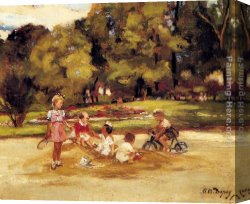 Wivenhoe Park Essex Canvas Paintings - Children Playing In A Park by Paul Michel Dupuy