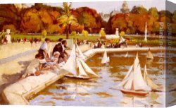 Sailing Canvas Paintings - Children Sailing Their Boats in the Luxembourg Gardens, Paris by Paul Michel Dupuy
