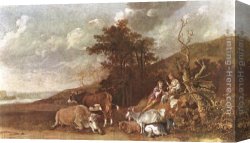 Landscape with Shepherds Watering Their Flocks Canvas Paintings - Landscape with Shepherdess and Shepherd Playing Flute by Paulus Potter