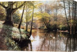 Evening Landscape at East Bergholt Canvas Paintings - A River Landscape in Springtime by Peder Mork Monsted