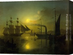 Dordrecht Harbour by Moonlight Canvas Paintings - The Moonlit Harbour by Petrus Van Schendel