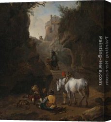 Card Canvas Paintings - Peasants Playing Cards by a White Horse in a Rocky Gully by Philips Wouwerman