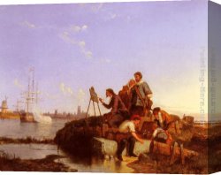 Mediterranean Shipping Canvas Paintings - Artist at his Easel with Shipping beyond by Pieter Christian Dommerson