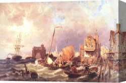 Mediterranean Shipping Canvas Paintings - Shipping before a Dutch Harbour Town by Pieter Christian Dommerson