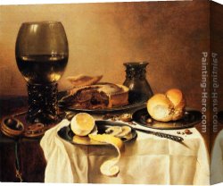Pieter Canvas Paintings - Breakfast Still Life With Roemer, Meat Pie, Lemon And Bread by Pieter Claesz
