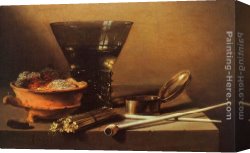 Pieter Canvas Paintings - Still Life with Wine and Smoking Implements by Pieter Claesz