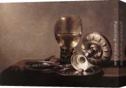 Pieter Canvas Paintings - Still Life with Wine Glass and Silver Bowl by Pieter Claesz