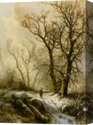 Figure Canvas Paintings - A Figure in a Snowy Forest Landscape by Pieter Lodewijk Francisco Kluyver