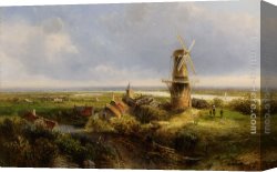 Windmill at Zaandam 2 Canvas Paintings - A Windmill in an Extensive Landscape by Pieter Lodewijk Francisco Kluyver